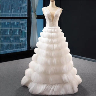 White Deep-V Sleeveless Tiered A-Line Evening Dress 2024