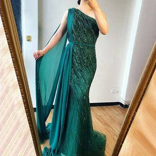 Dubai Green One Shoulder Luxury Evening Dresses 2024 - Mermaid Silhouette with Beaded Sequins Sparkle