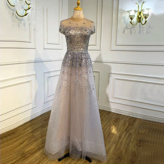 Sophisticated Silver A-Line Tulle Evening Dress - 2024 Dubai Design with Short Sleeves and Beading