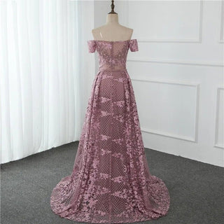 Pink Mermaid Elegant Evening Dress 2024 - Short Sleeve Flowers, Dubai Sexy Off-Shoulder Lace Crystal Gown