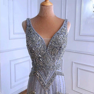 Ships in 1 to 3 Days - Nude Silver Mermaid V-Neck Sexy Evening Dress 2024 - Sleeveless Feathers Shawl Yarn Diamond Formal Gown