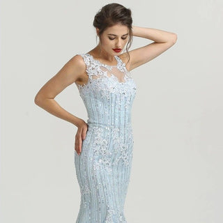 Ships in 1 to 3 Days - Light Blue O-Neck Luxury Evening Dress: Long Crystal Sequined Sexy Lace Evening Gown for 2024