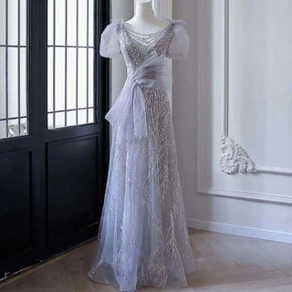 Grey Luxury Puffy Sleeves Evening Dress - 2024 Beaded A-Line Gown for Women's Party