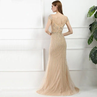 Gold Nude Mermaid Evening Dress - Sexy Off-Shoulder, Sparkly Diamond Embellishments, for 2024 Evening Events