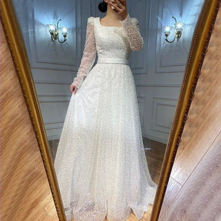 Muslim Ivory Luxury Wedding Dresses 2024 - A-Line Beaded Long Train Bride Gown