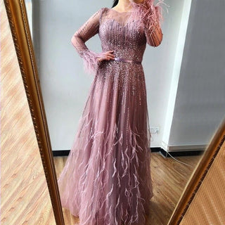 Pink A-Line Dubai Design Luxury Evening Dress 2024 - Elegant Feathered Gown for Women