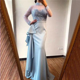 Blue Beauty: 2024 Muslim Luxury Mermaid Evening Gown with Beaded Ruffles - Perfect for Women's Parties