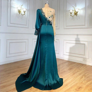 Ships in 1 to 3 Days - Luxury Dubai: Emerald Green Velvet Mermaid Evening Dress with Black Long Sleeves - Perfect for Arabic Women's Wedding Formal Attire