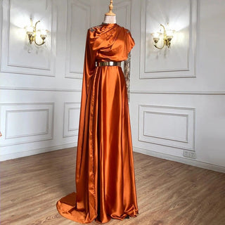 Luxury Arabic Orange Brown Long Sleeve Evening Dress with Cape: Dubai Beaded Elegant Women's Wedding Party Gown