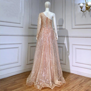 Blushing Elegance: One-Shoulder Evening Dress with Overskirt, Long Sleeve, and Luxury Beaded Mermaid Style - Perfect for Women's Weddings