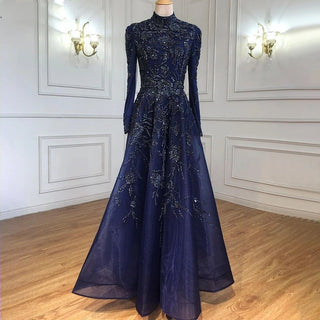 Luxury Dubai Navy Blue Muslim Evening Dress: Elegant Midi Arabic Formal Dress for Women's Wedding Party 2024