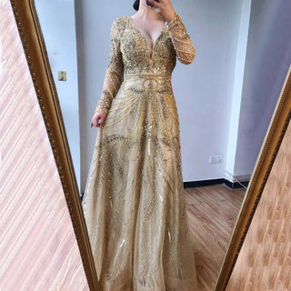 Gold A-Line Luxury Sexy Evening Dress 2024 - Pearls Crystal Long Sleeves Formal Gown