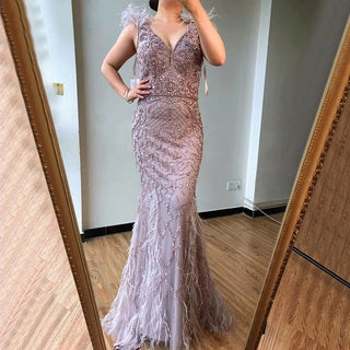 Nude Mermaid Elegant Evening Gown 2024 with Feather Beading - Luxury, Sexy, Perfect for Women's Parties