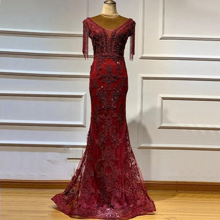 Burgundy Luxury Beaded Tassels Evening Gown 2024 Sexy V-Neck Sleeveless Formal Party Dress for Women