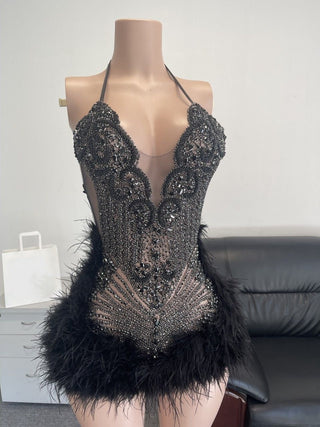 Ships in 1 to 3 Days - Glamorous Crystal Embellished Halter Mini Dress with Feather Trim