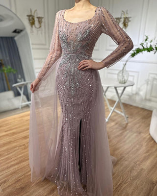 Elegant Blush: 2024 Pink Mermaid Evening Gown with Overskirt Split - Luxury Beaded Dress for Women's Wedding Party