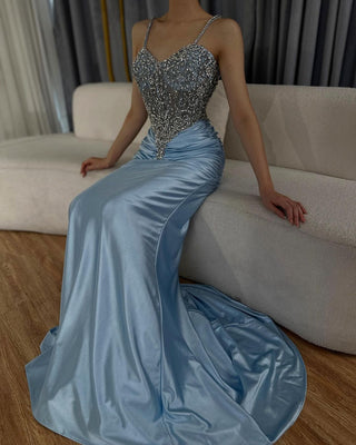 Ships in 1 to 3 Days - Luxury Spaghetti Strap Blue Evening Gown with Beaded Bodice and Ruched Detailing