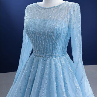 Affordable Elegance: Simple Blue Sequins Long Sleeve Lace Evening Dress