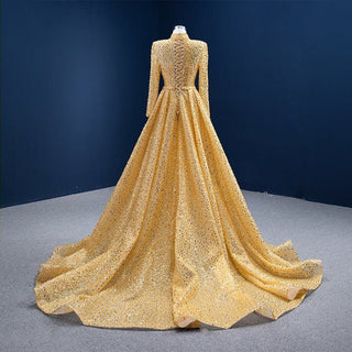 Golden Elegance: High Neck Long Sleeve Dress with Detachable Tail