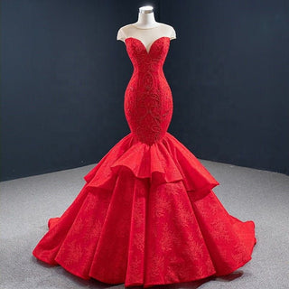 Radiant Elegance: Red Lace Applique Mermaid Evening Gown