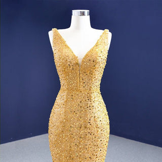 Golden Glamour: Luxurious Champagne Mermaid Dress with Sexy Deep V-Neck