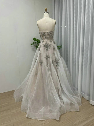 Ivory Crystal Rhinestone A-Line Birthday Party Gown - Luxury Strapless Open Back Arabic Tulle Evening Prom Dress