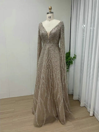 Ships in 1 to 3 Days - 2024 Arabic A-Line Evening Dress with Cape Sleeves - Luxury Beaded Formal Party Gown with Crystal Rhinestones