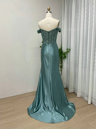 Ships in 1 to 3 Days - Simple Off-Shoulder Satin Prom Dress for Women - 2024 Stylish High Slit Mermaid Aqua Wedding Guest Gown with Boning