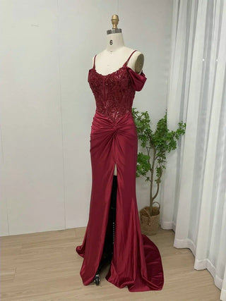 Ships in 1 to 3 Days - Wine Spaghetti Straps Sheath Bridesmaid Dress - Classic Off-Shoulder High Slit Beaded Evening Gown