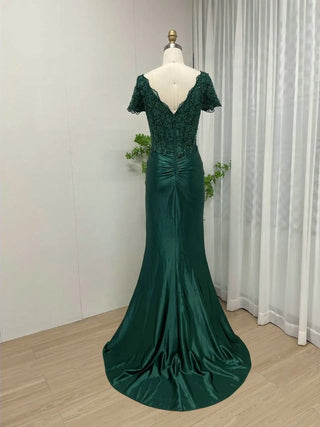 Ships in 1 to 3 Days - Luxury Beaded Lace Emerald Satin Prom Party Gown - 2024 New Arrival Modest V-Neck Short Sleeve Mother of the Bride Dress