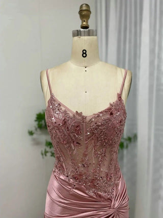 Ships in 1 to 3 Days - Pink Spaghetti Straps Beaded Appliqués Prom Dress - Sexy High Slit Mermaid Evening Gown for Women 2024