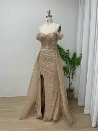 Ships in 1 to 3 Days - Stunning Gold Sequined High Split Mermaid Prom Dress - Off-Shoulder Evening Gown for Gala Special Events