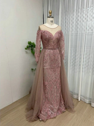 Ships in 1 to 3 Days - Elegant Long Sleeves Evening Gown for Women - 2024 Arabic Exclusive Beaded Scoop Neck Mother of the Bride Dress