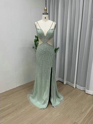 Silver Gorgeous Mermaid Tulle Evening Gown - Sparkling Sexy Beaded V-Neck Cutaway Side Back Split for Formal Occasions