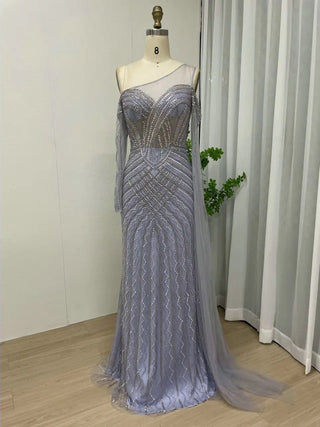 Dubai Green Luxury One-Shoulder Mermaid Evening Dress - Beaded Off-Shoulder Cape Sleeve Prom Gown for Wedding Guests