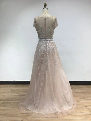 Ships in 1 to 3 Days - 2024 Pink Scoop Neck A-Line Evening Gown - Beaded Short Sleeve Dress for Elegant Parties in Dubai