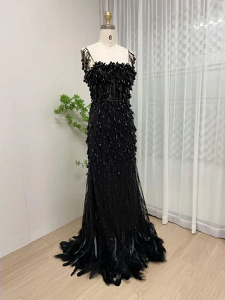 2024 Amazing Black Mermaid Evening Dress - Luxury Slip Ball Gown with Feathers and Diamonds for Formal Occasions