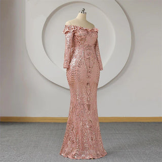 Same Day Shipping – Rose Gold Sequins Evening Dress - Plus Size Long Sleeves Mermaid Ruffle Off-Shoulder Trumpet Prom Maxi Dress