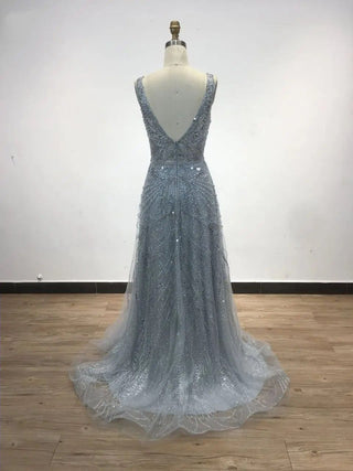 2024 Silver V-Neck Sleeveless Formal Occasion Dress - Stunning A-Line Beaded Evening Gown for Women