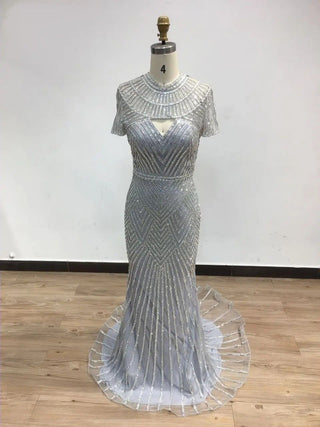 Ships in 1 to 3 Days - 2024 Haute Couture Gold Evening Gown - Scoop Neck Short Sleeves Mermaid Dress with Beading for Arabic Weddings and Celebrity Events