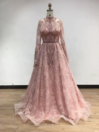 2024 Pink Modest A-Line Evening Dress - Long Sleeves Beaded Lace Gown for Arabic Weddings and Prom