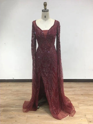 2024 Wine Plunging Neckline Mermaid Evening Gown - Luxury High Split Dress with Elegant Cape Sleeves for Arabic Weddings and Formal Parties