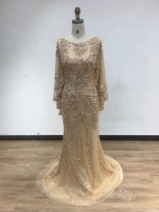 2024 Gold Arabic Luxury Mermaid Evening Gown - Beaded Prom Dress with Modest Long Sleeves for Weddings and Parties