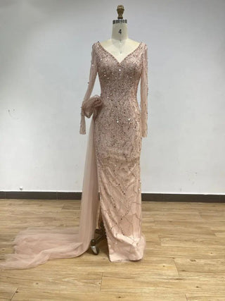 2024 Exclusive Wine V-Neck Long Sleeves Evening Ball Gown - Sexy High Split Mermaid Beaded Prom Dress for Weddings and Parties