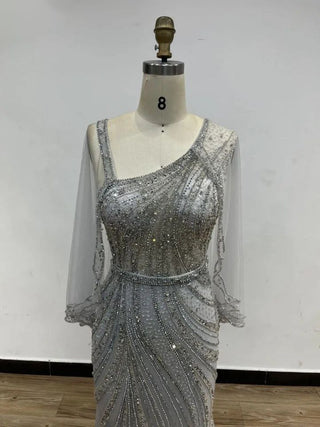 2024 Elegant Silver Beaded Evening Wedding Gown with Cape - Arabic Gorgeous Haute Couture Mermaid Dress for Formal Occasions