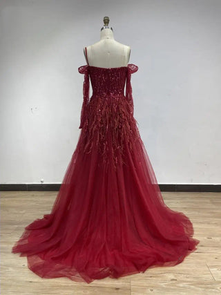 2024 Wine High Split A-Line Evening Gown - Stunning Long Sleeves Formal Dress for Women’s Celebrity Weddings and Parties