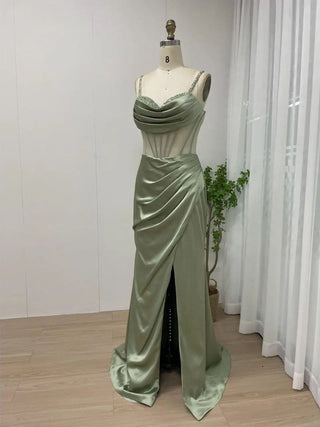 2024 Green High Split Mermaid Evening Dress - Sexy Beaded Slip Gown with Boning for Bridesmaids and Wedding Guests