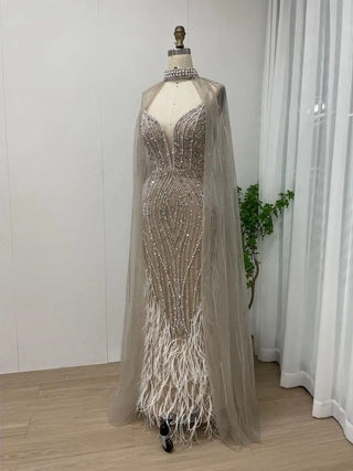 Ships in 1 to 3 Days - Stunning Champagne Mermaid Evening Dress - Luxury V-Neck Beaded Feathers with Cape Sleeves for Women’s Wedding Parties in Dubai