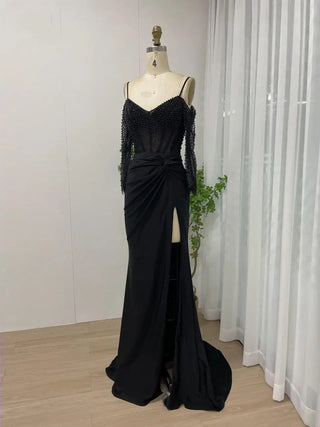 2024 Sexy Black High Slit Mermaid Evening Dress - Elegant Off-Shoulder Pleated Gown with Crystal Detailing for Prom and Graduation