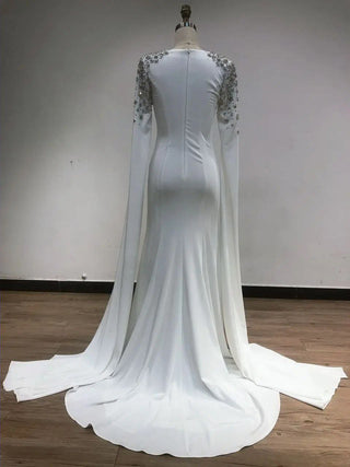 2024 Elegant White Mermaid Dress - Cape Sleeves Beaded Formal Gown for Women’s Celebrity Events and Muslim Weddings